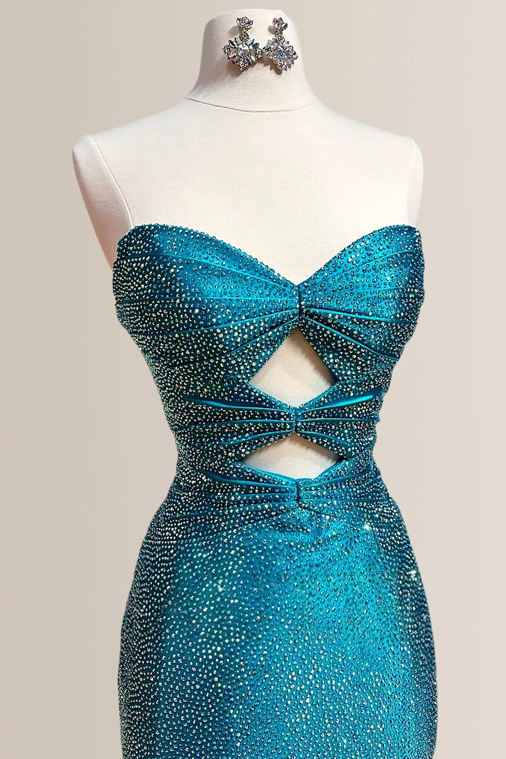 Teal Sweetheart Cutout Mermaid Satin Prom Dress With Sparkle Beading And High Slit AD191