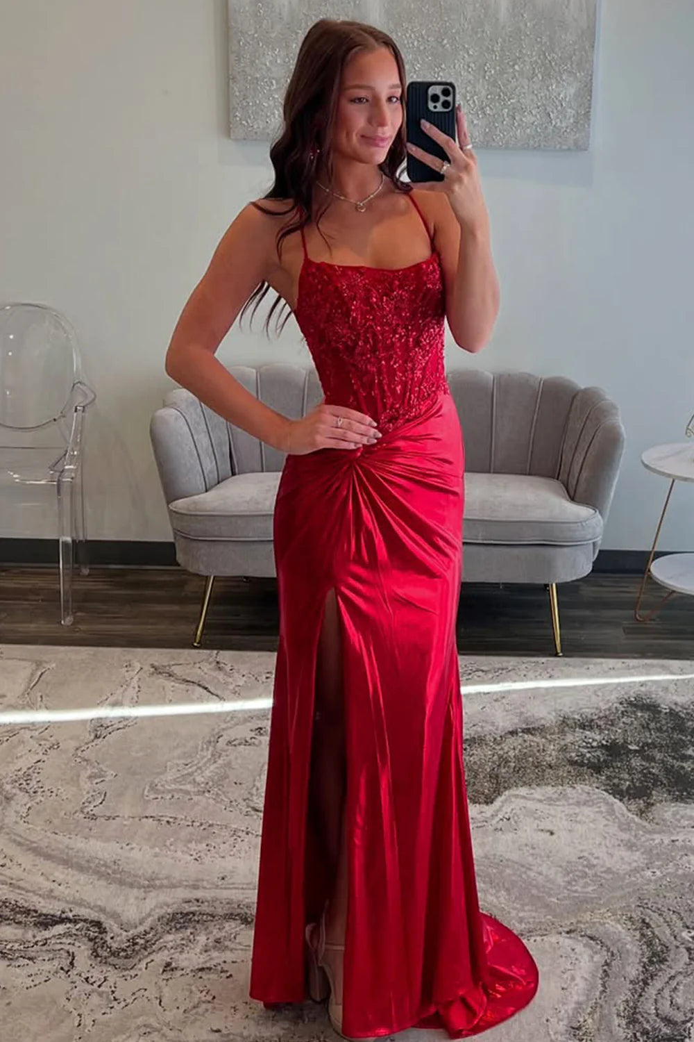 Red Spaghetti Strap Prom Dress With Lace Bodice And Crisscross Open Back AD194
