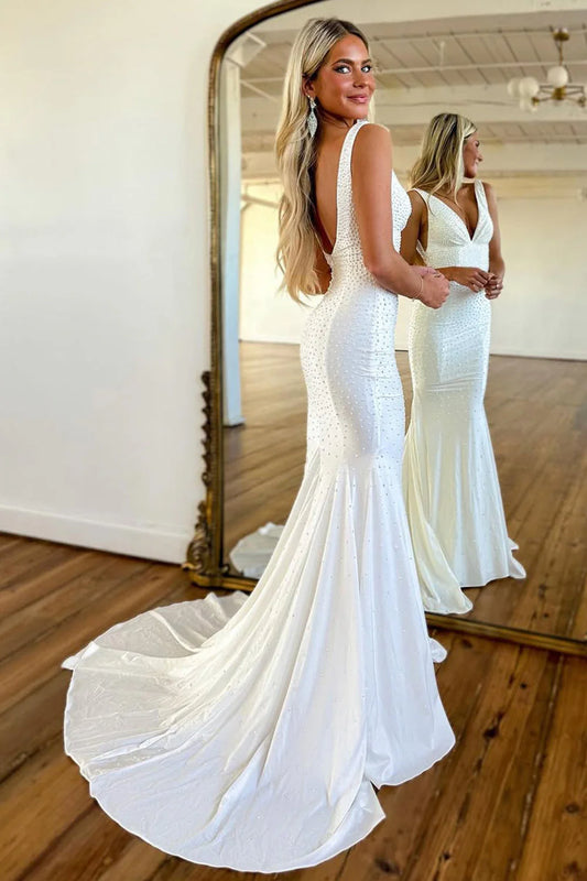 Gorgeous V Neck Mermaid Prom Dress With Long Silhouette And Beaded Corset Design AD195