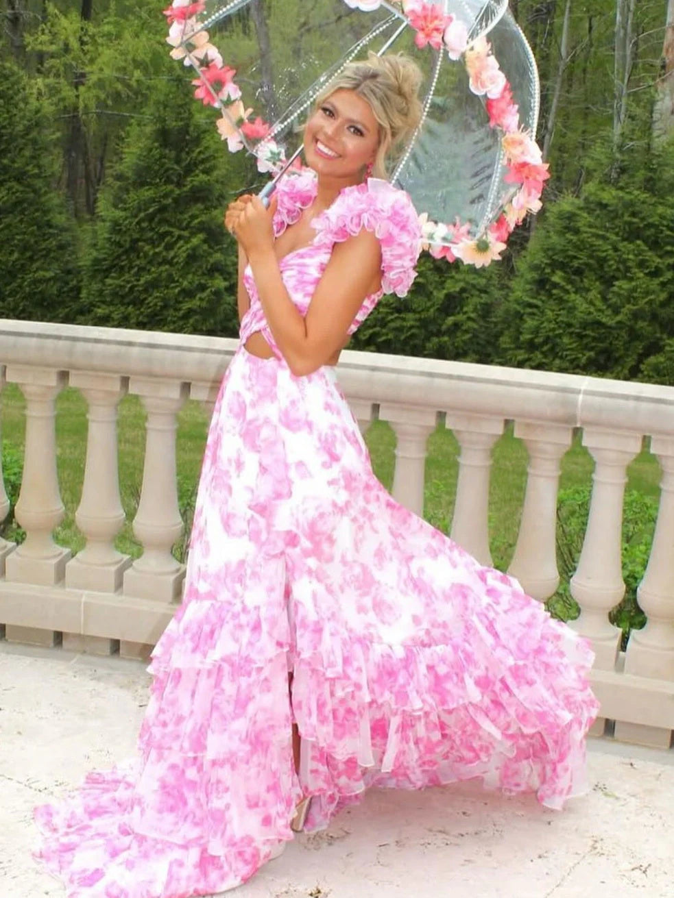 Stunning Printed Chiffon Prom Dress With V Neck Waist Hollow And Tiered A Line Design AD196
