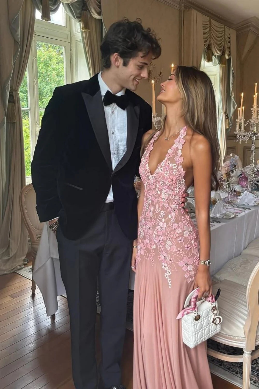 Romantic Pink Halter Neck Tie Back Prom Dress With 3D Floral Lace Appliqué AD206