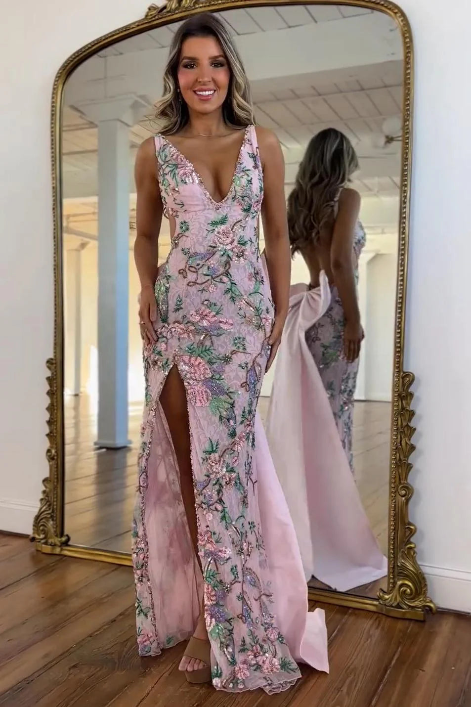 Luxury Blush Floral Sequin Evening Dress With High Slit And Big Bow Back AD212