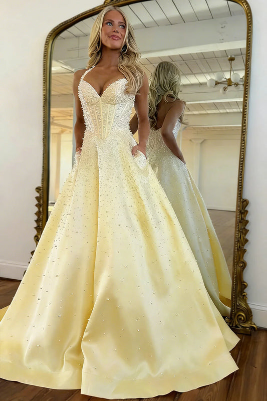 Blush Corset Pearl Ball Gown Prom Dress With Beaded Bodice & Full Skirt AD213