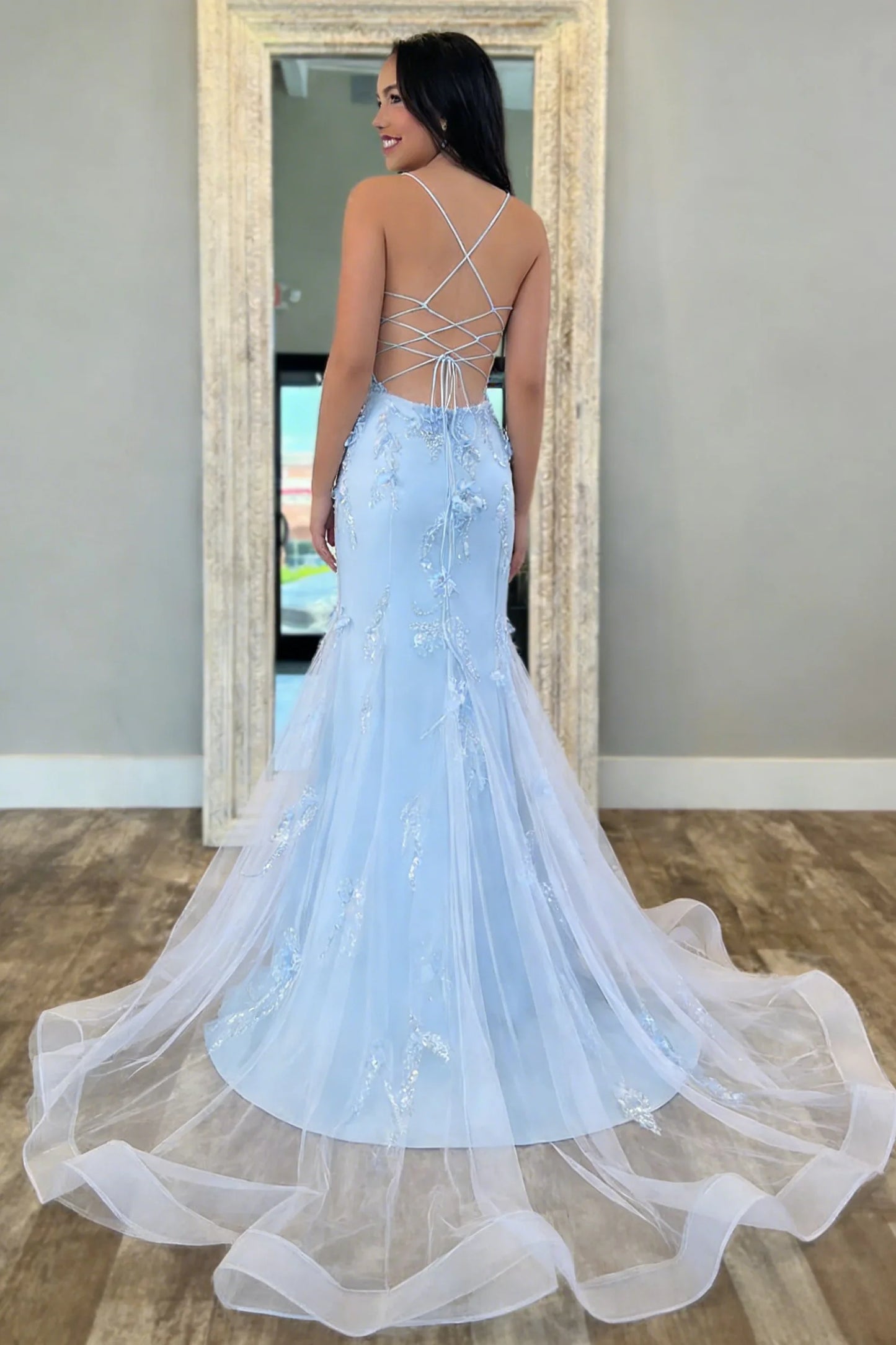 Light Blue Floral Appliqué Spaghetti Straps Mermaid Prom Dress With Tulle Train AD216