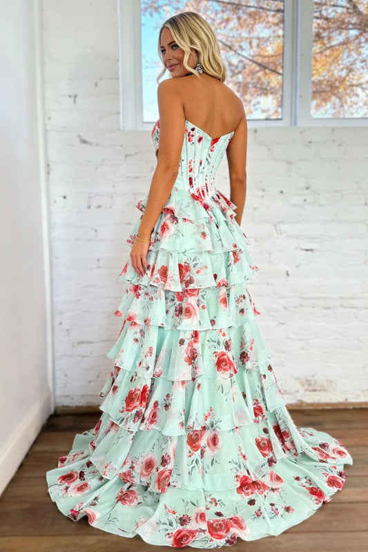 Romantic Floral Print Sweetheart Corset Prom Dress With Layered Skirt AD217