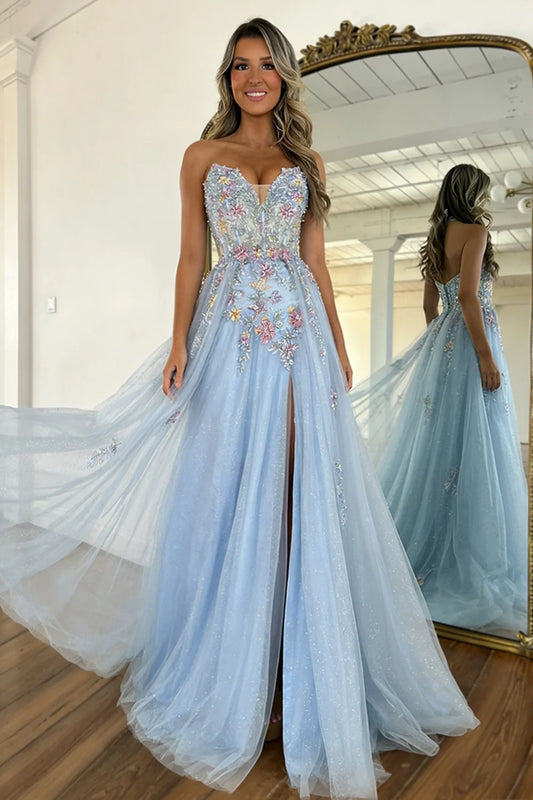 Romantic Light Blue Strapless Floral Appliqué Tulle Prom Dress With Flowing Train AD220