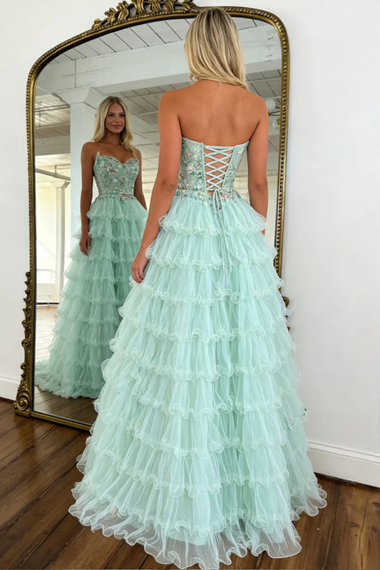 Princess Mint Green Tiered Tulle Prom Dress With Floral Embroidered Corset AD221