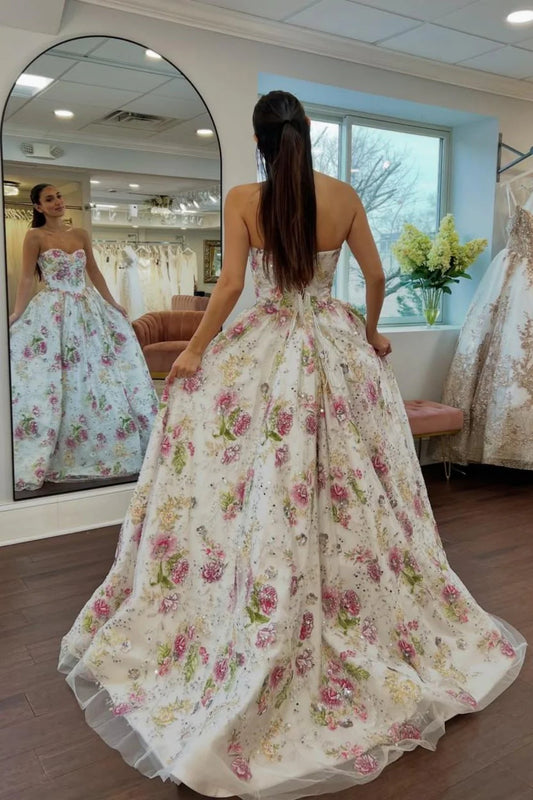 Romantic Floral Strapless Ball Gown Prom Dress With Embroidered Tulle And Full Skirt AD224