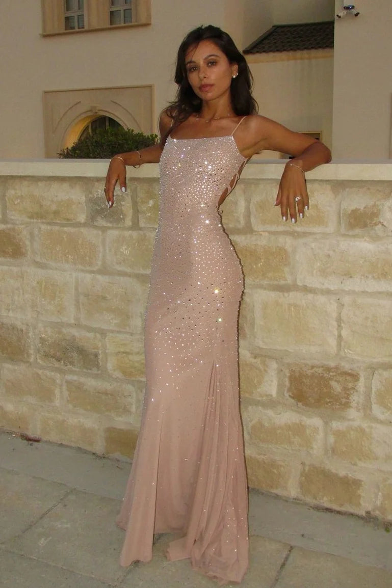 Sparkly Mermaid Spaghetti Straps Light Champagne Long Party Dress With Beading AD227