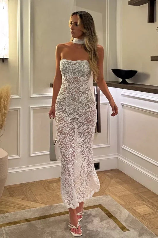 Chic Sheath Strapless White Lace Tea Length Party Dress AD229