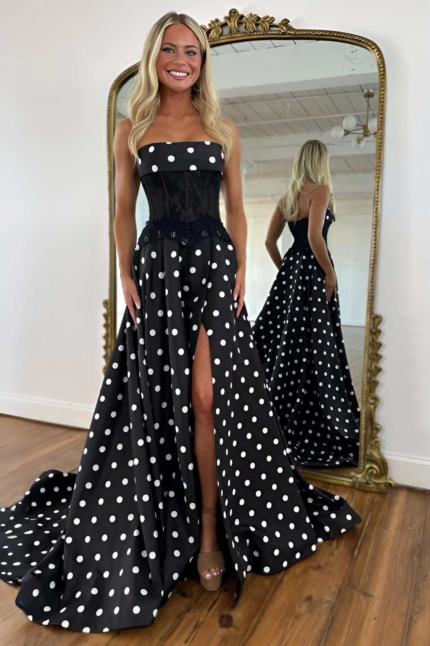 Elegant Black White Polka Dot Strapless Prom Gown With Structured Bodice AD231