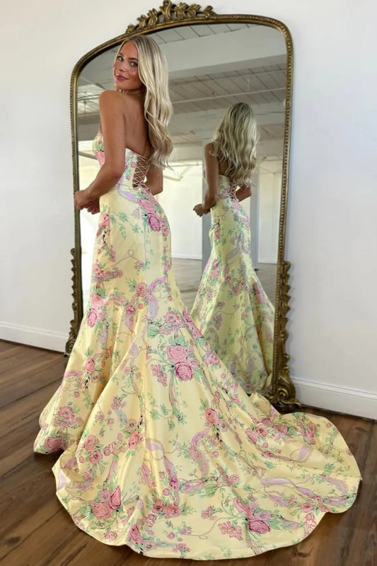Vintage Inspired Floral Prom Dress With Strapless Bodice And Flowy Skirt AD232