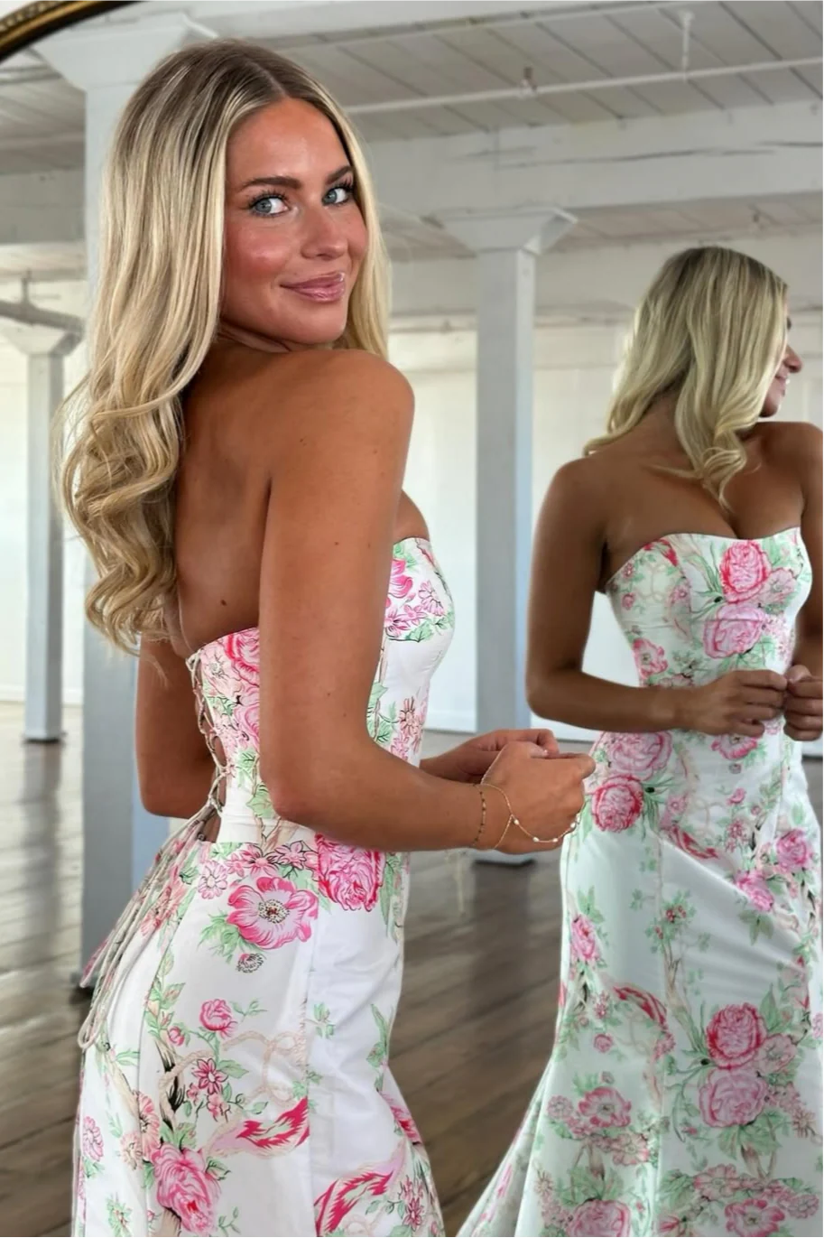Vintage Inspired Floral Prom Dress With Strapless Bodice And Flowy Skirt AD232