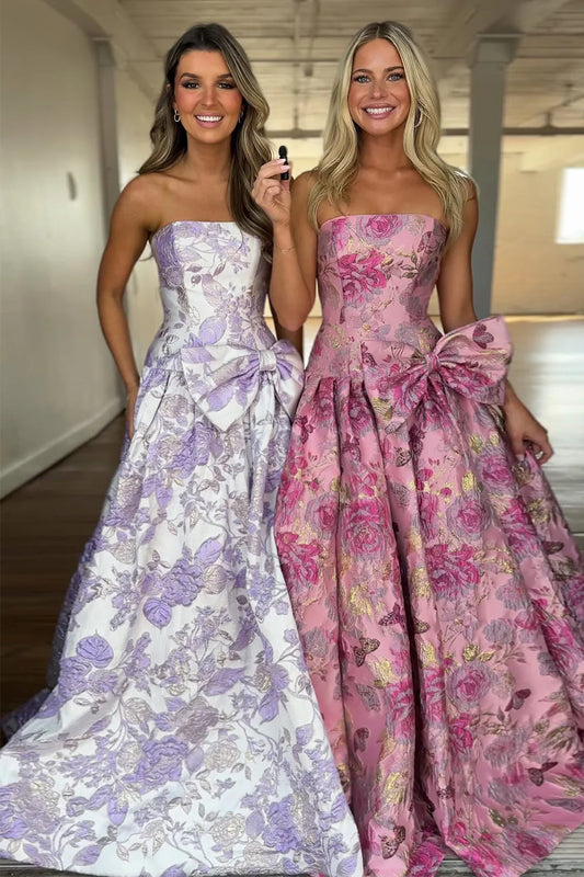Strapless Purple Floral Formal Dress A-Line Prom Gown With Bow Accent AD241