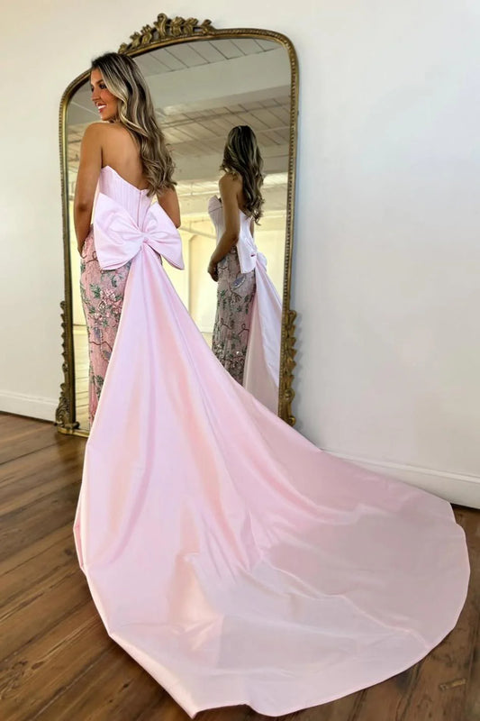 Luxury Blush Pink Strapless Prom Gown With Corset Bodice Floral Sequin Detail & Train AD245