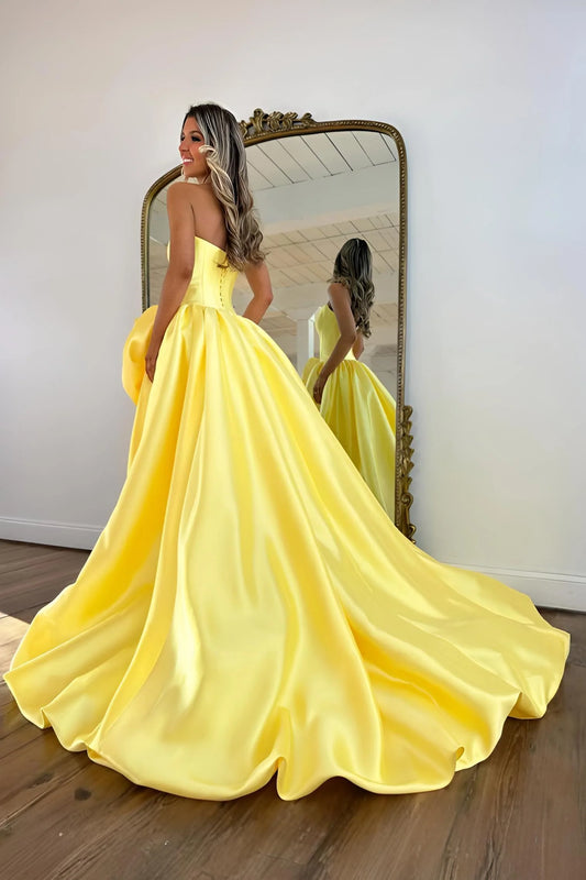 Luxury Strapless Corset Prom Gown With High Slit Skirt And Rosette Accent AD246