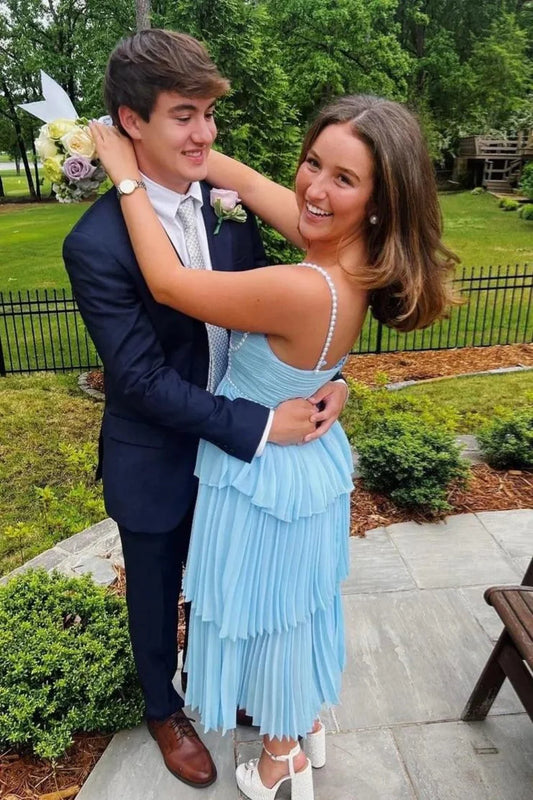 Pearl Embellished Light Blue Flowy Pleated Prom Dress With Chiffon Skirt AD248