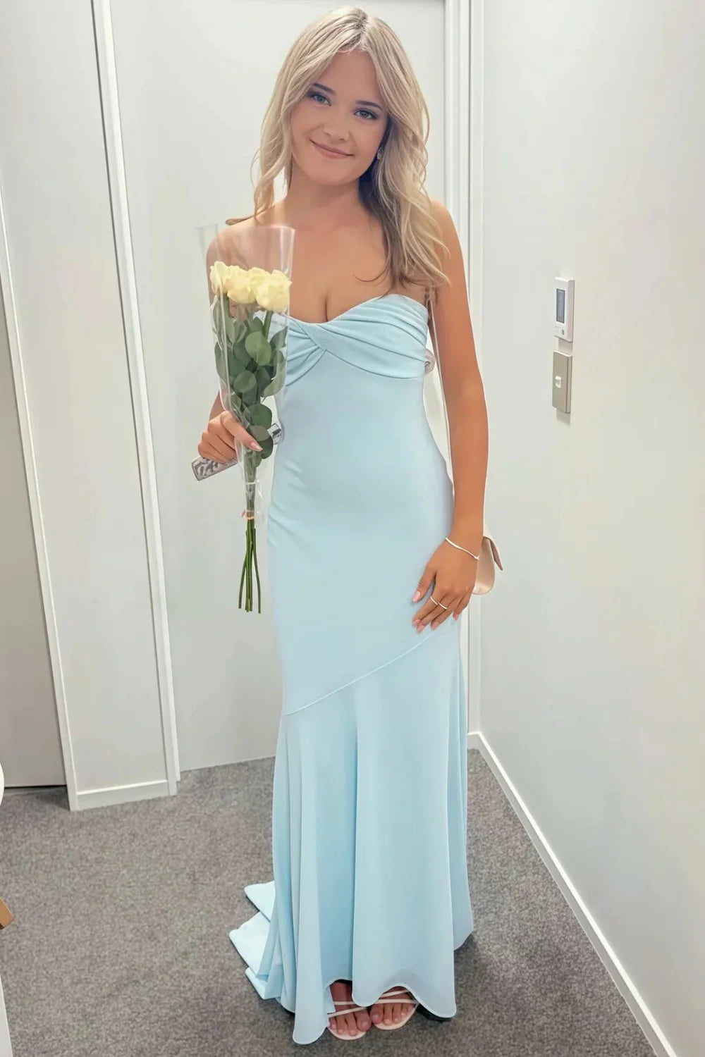 Light Blue Sweetheart Mermaid Prom Dress With Ruched Bodice AD249