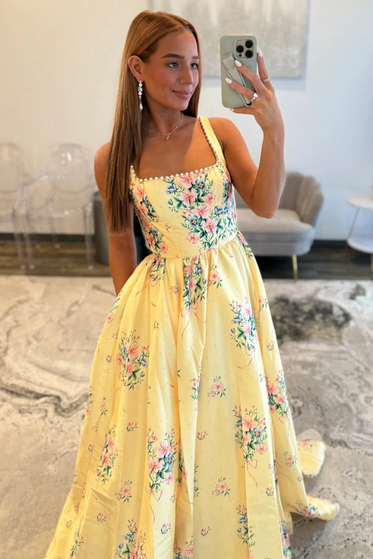 Chic Yellow Floral Square Pearls Trim Neck Prom Dress With Open Back AD259