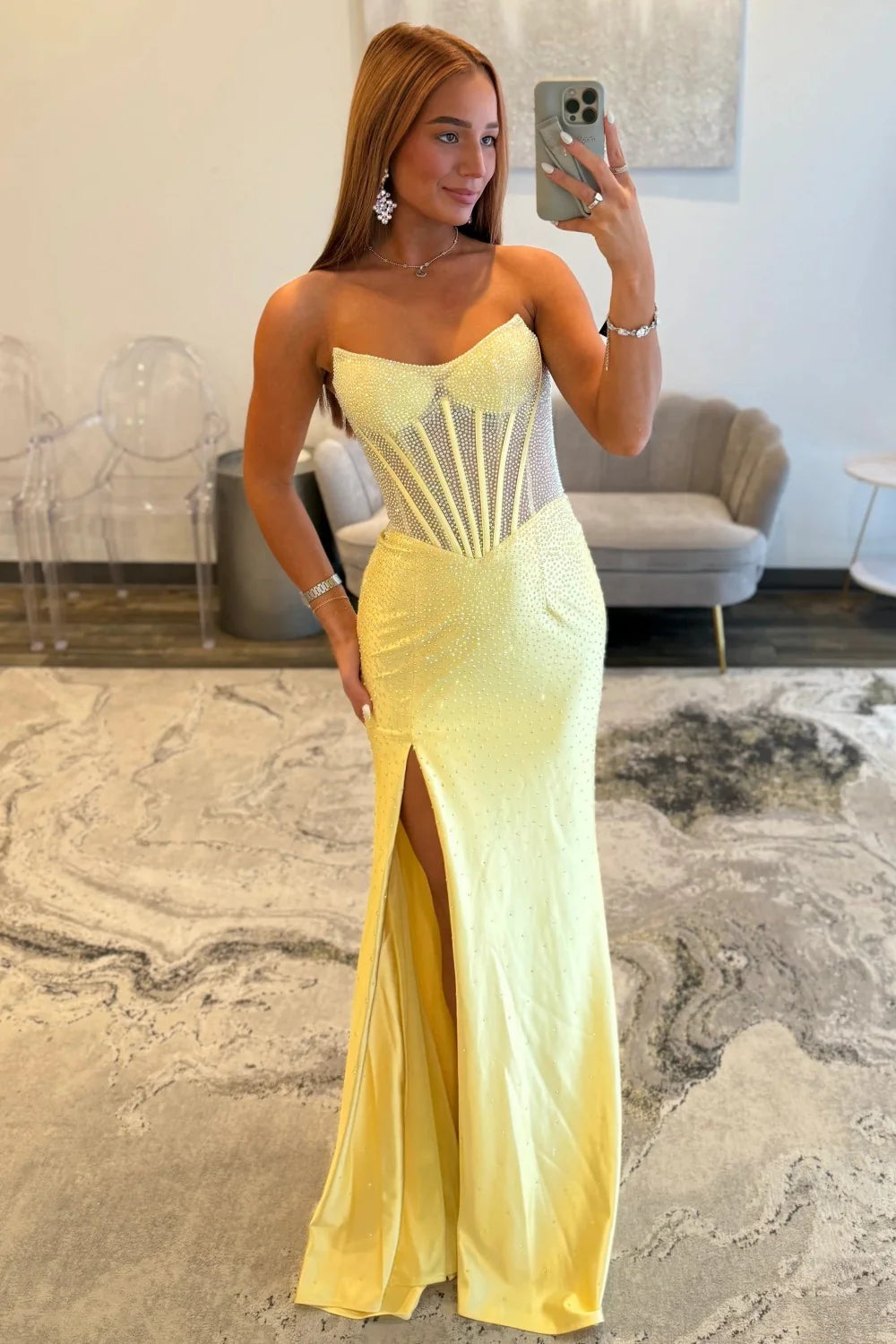 Stunning Glitter Mint Green Strapless Beaded Corset Style Prom Gown With High Slit AD260