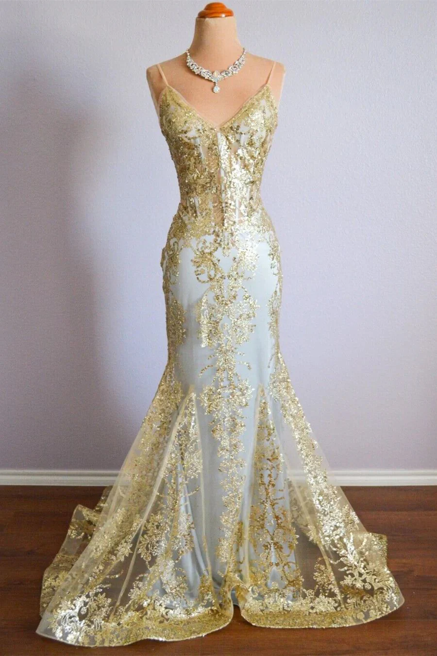 Elegant Metallic-Lace Long Mermaid Spaghetti Straps V-Neck Prom Dress With Sheer Corset Bodice And Train AD261