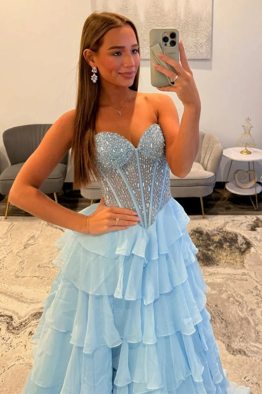 Sparkly Light Blue Sweetheart Corset Prom Dress With Tiered Ruffles And High Slit AD264
