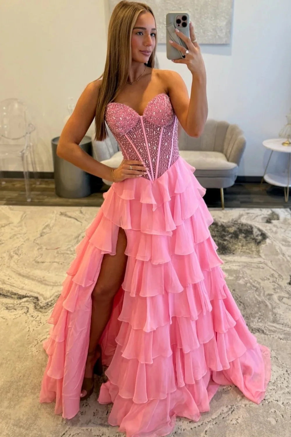 Sparkly Light Blue Sweetheart Corset Prom Dress With Tiered Ruffles And High Slit AD264