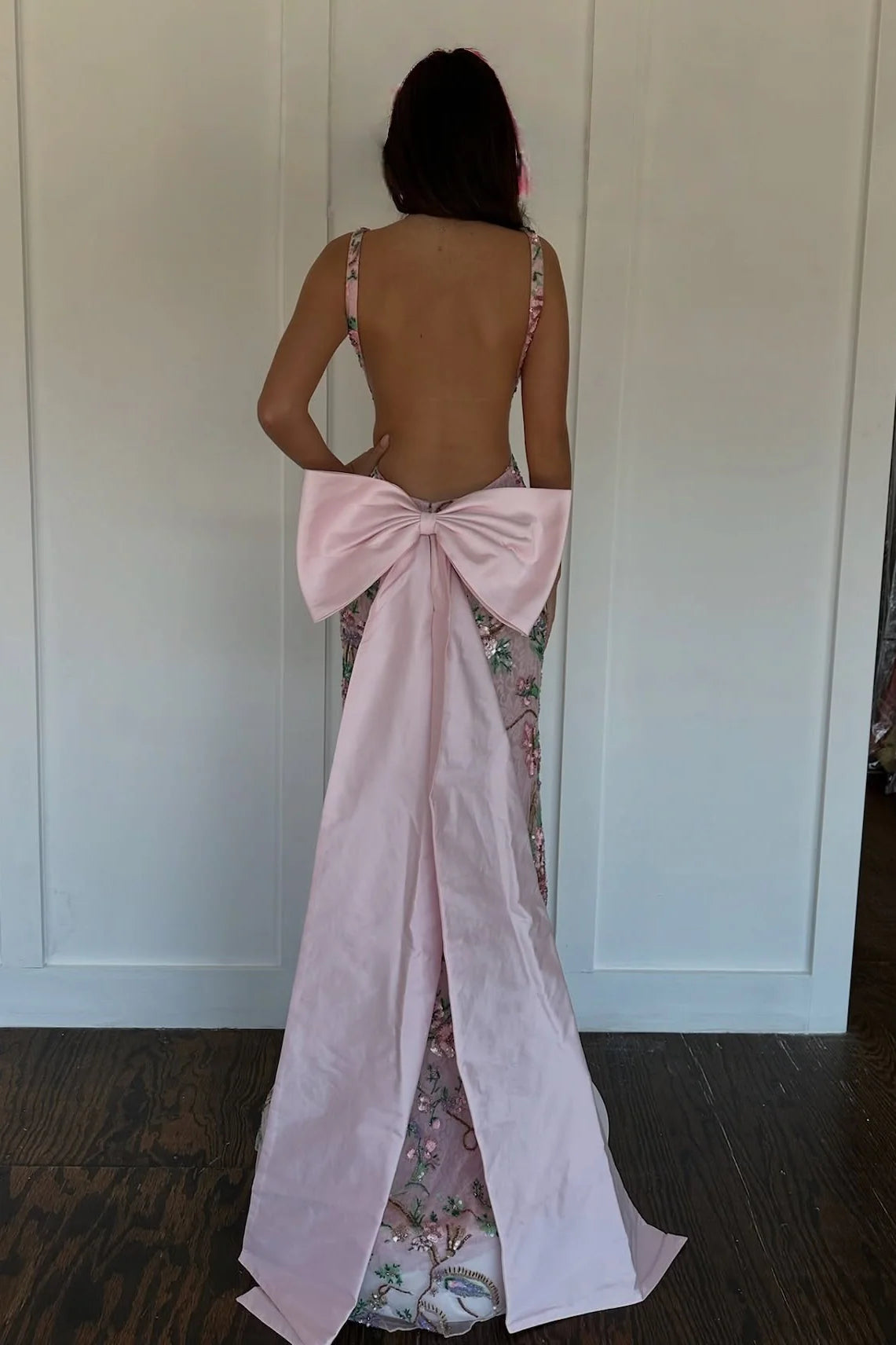 Sweety Mermaid V Neck Pink Long Prom Dress With Emboridery Bowknot AD271