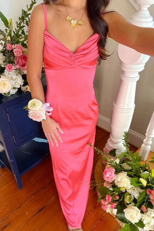 Classic Sheath Spaghetti Straps Candy Pink Long Prom Dress With Ruched AD282