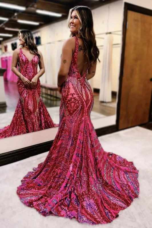 Bold Pink Glitter Mermaid V-Back Long Prom Dress With Patterned Sequins AD288