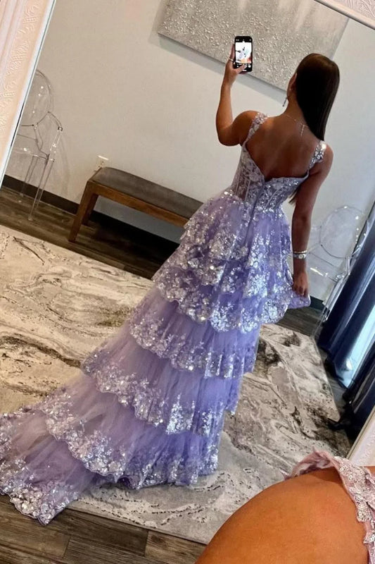 Lilac A-Line Floral Lace Corset High-Low Tiered Sequin Prom Dress With Slit AD290