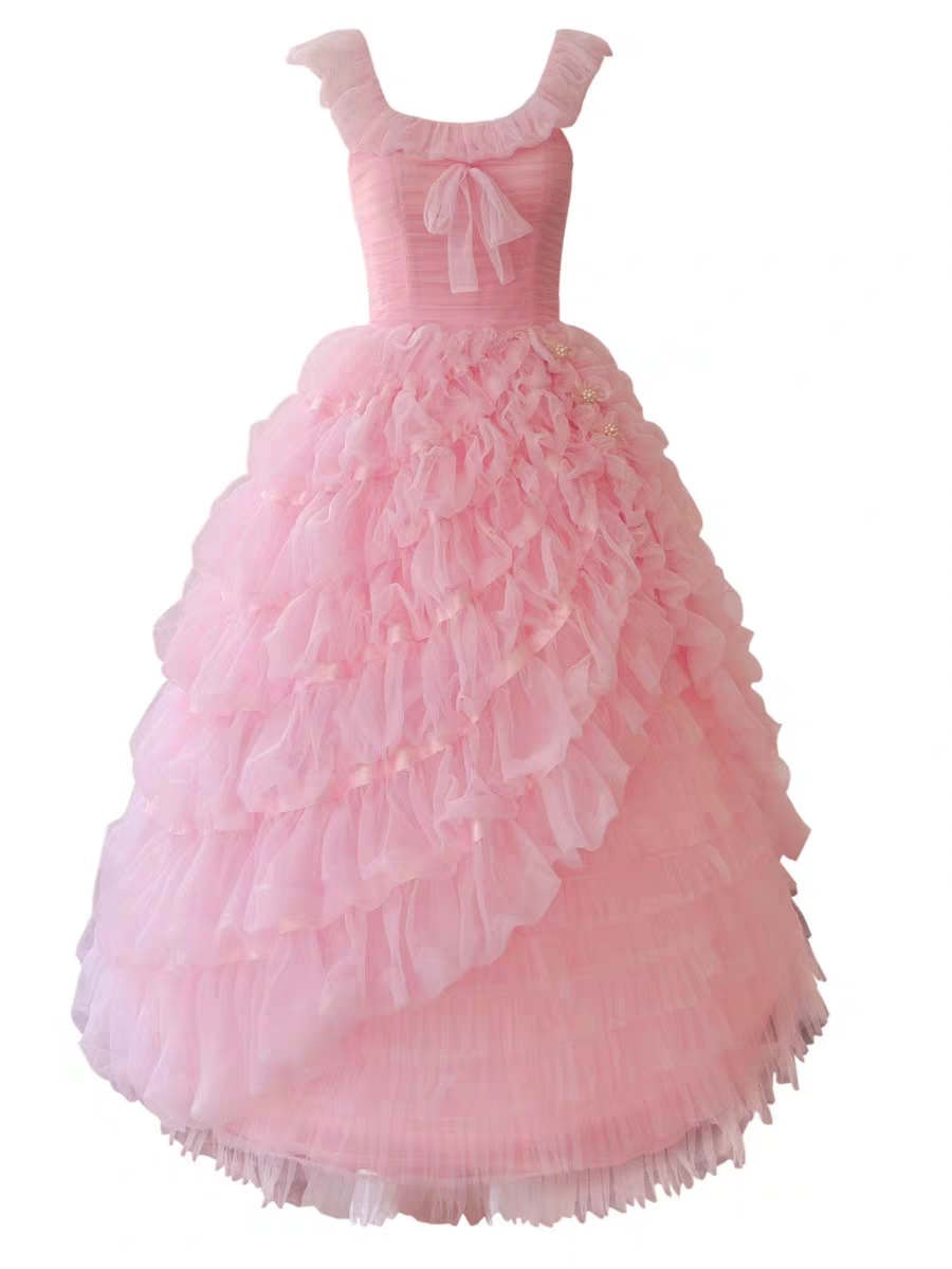 Enchanting Blush Pink Ruffled Tulle Straps Ball Gown Tiered Skirt Prom Dress with Bow Accent AD293
