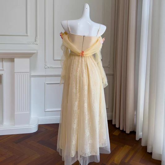 Enchanted Light Yellow Spaghetti Straps Prom Dress With Tulle,Lace And 3D Floral Appliques AD294