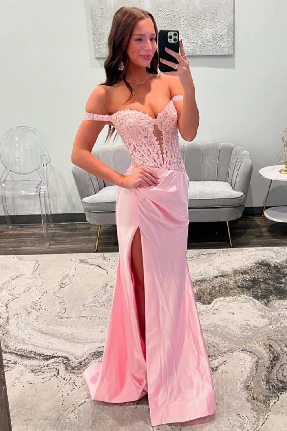 Blush Pink Off-the-Shoulder Lace Corset Satin Prom Dress With High Slit AD299