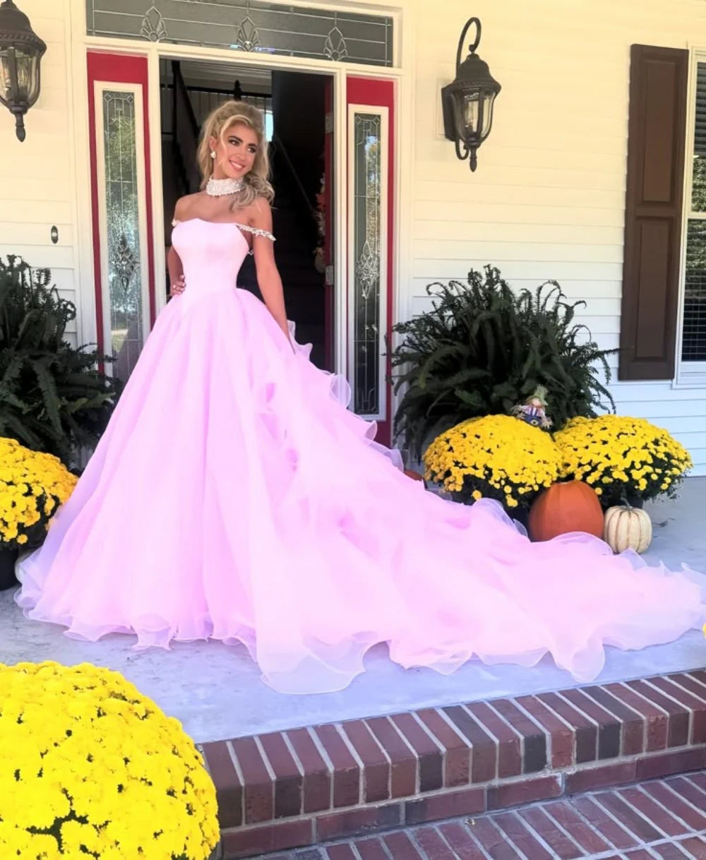 Blush Pink Off-the-Shoulder Ball Gown With Crystal Embellishments AD300