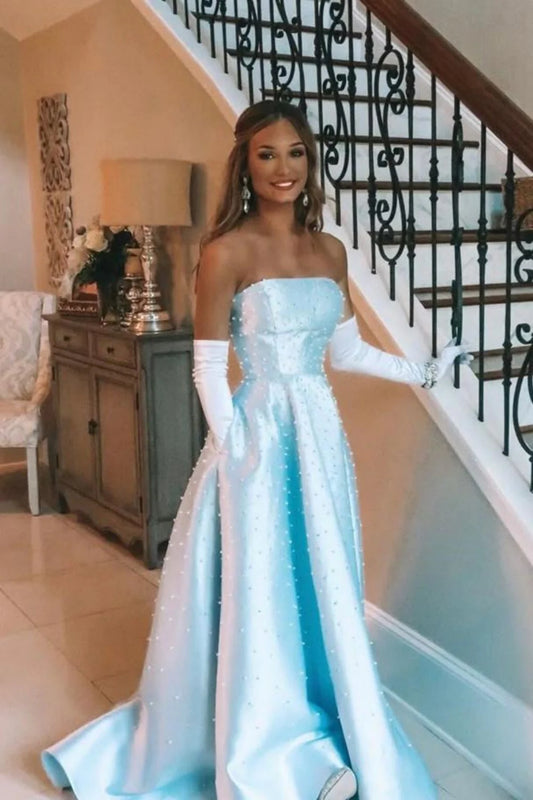 Light Blue A Line Strapless Satin Prom Ball Gown With Pearl Details AD305