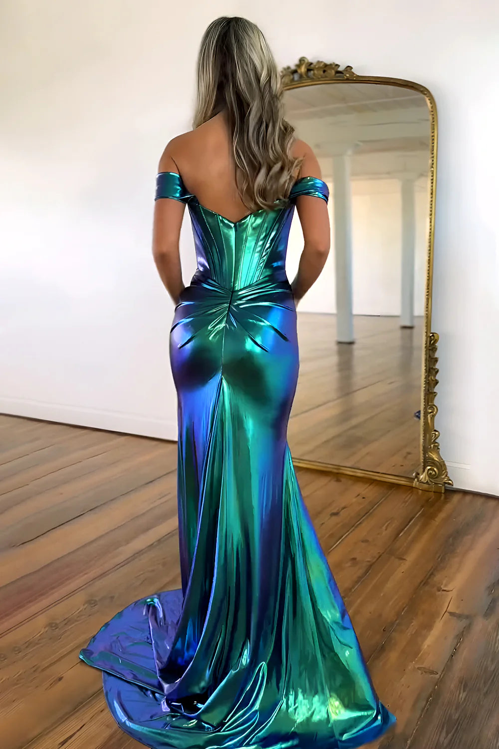 Mulberry Off-The-Shoulder Metallic Long Mermaid Prom Dress With Leg Slit AD314