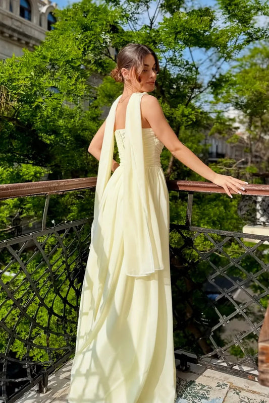 Elegant Strapless A-Line Chiffon Long Prom Dress With Scarf Detail AD317