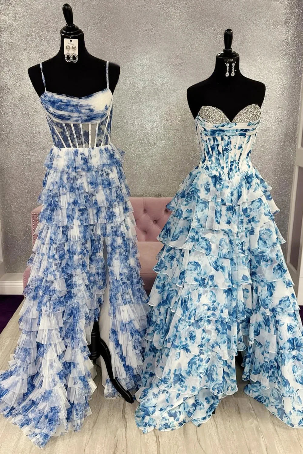 Watercolor Floral Strapless Prom Dress With Sweetheart Tiered Chiffon Train AD321