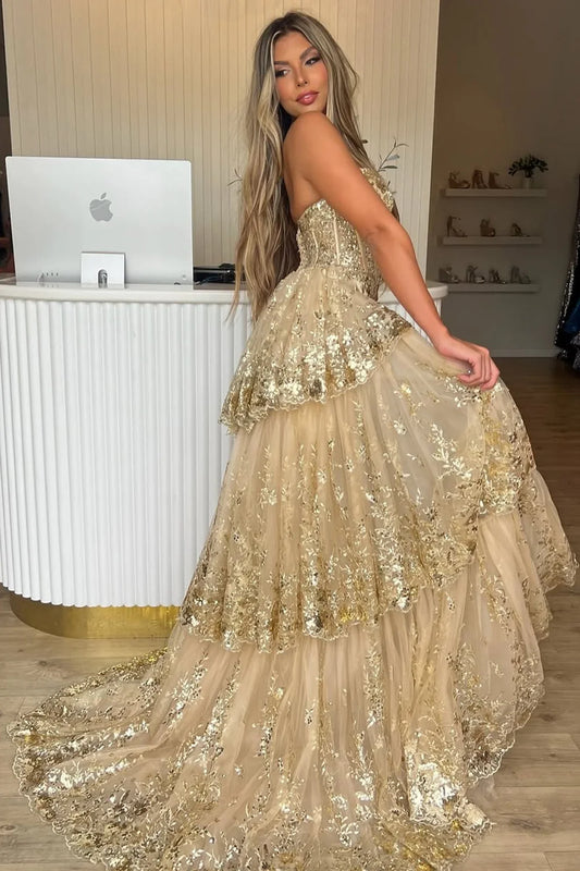 Gold Sequin Train Sweetheart A-Line Lace Long Prom Dress With Tiered Tulle Split AD322