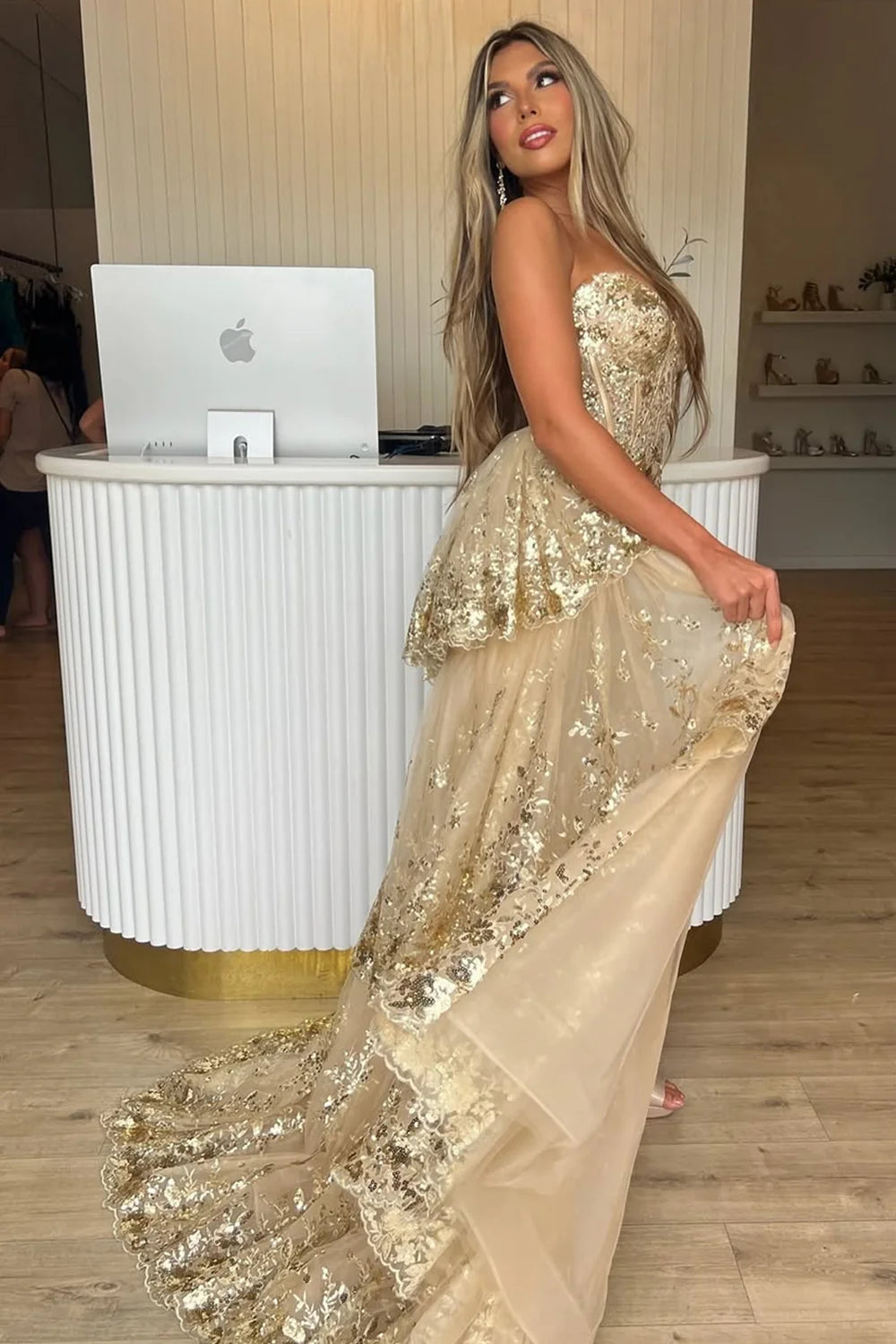 Gold Sequin Train Sweetheart A-Line Lace Long Prom Dress With Tiered Tulle Split AD322