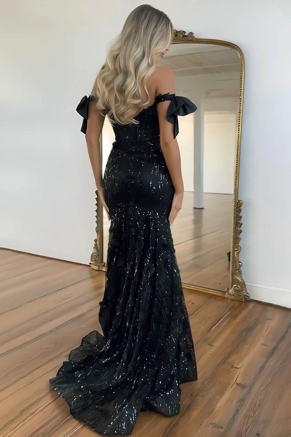 Black Off-Shoulder Sequin Mermaid Prom Dress With Bow Sleeves And Train AD323