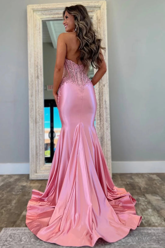Pink Mermaid Prom Dress With Deep V-Neck Backless Long Satin And Appliques AD324