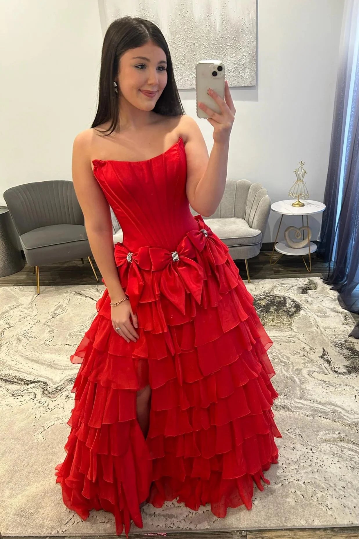 Strapless Tiered Princess A-Line Prom Dress With Slit And Bow AD327