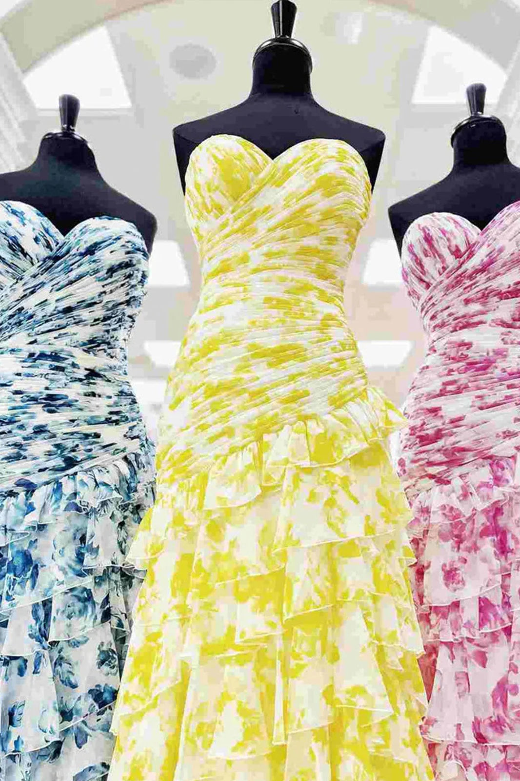 Chic Mermaid Sweetheart Pink Floral Printed Long Prom Dress With Ruffles AD340
