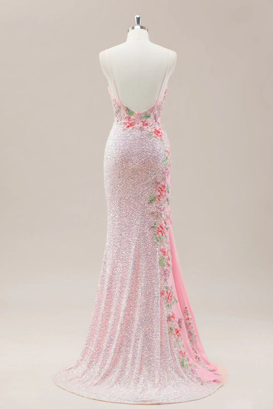 Pink Prom Dress in Mermaid Style Featuring Floral Appliqués And Shimmering Sequins AD352