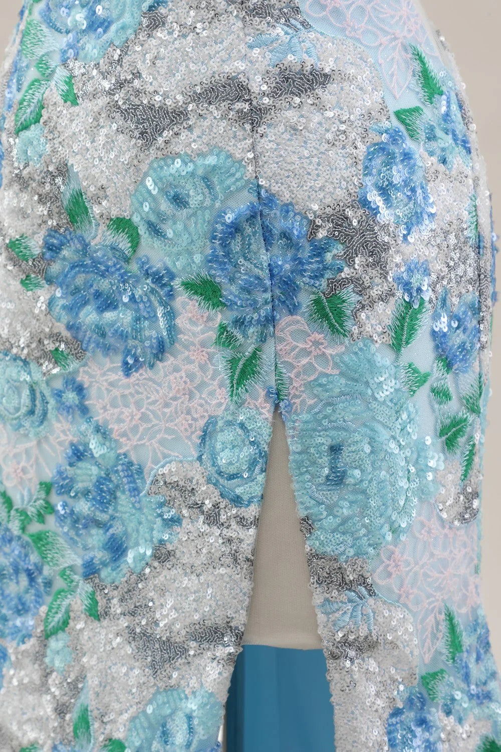 Sparkling Blue Flower Sequin Mermaid Prom Gown With Spaghetti Straps And Slit AD353