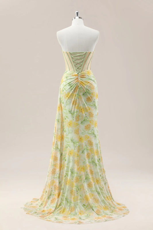 Yellow Sweetheart Ruched Mermaid Gown With Glitter Floral Pattern And High Slit AD354