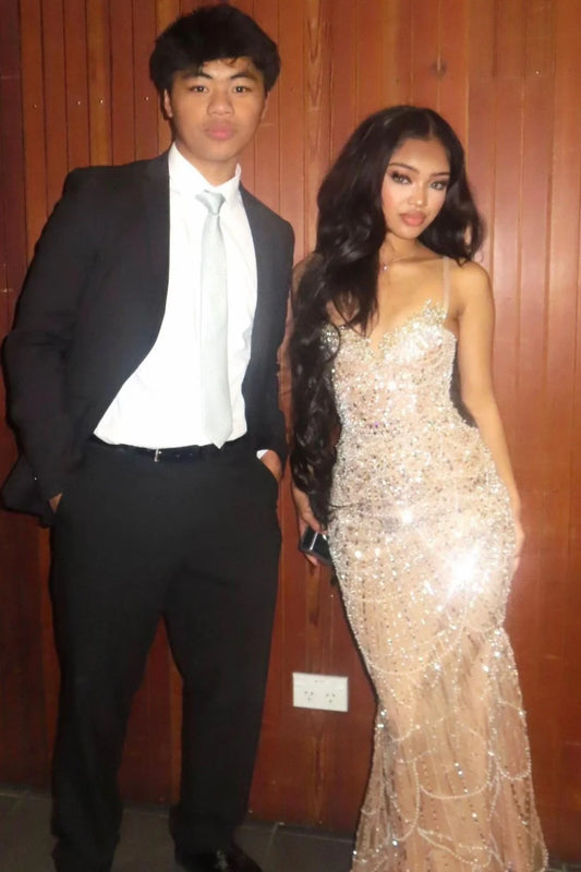 Luxury Champagne Crystal Beaded Mermaid Prom Dress With Spaghetti Straps AD357
