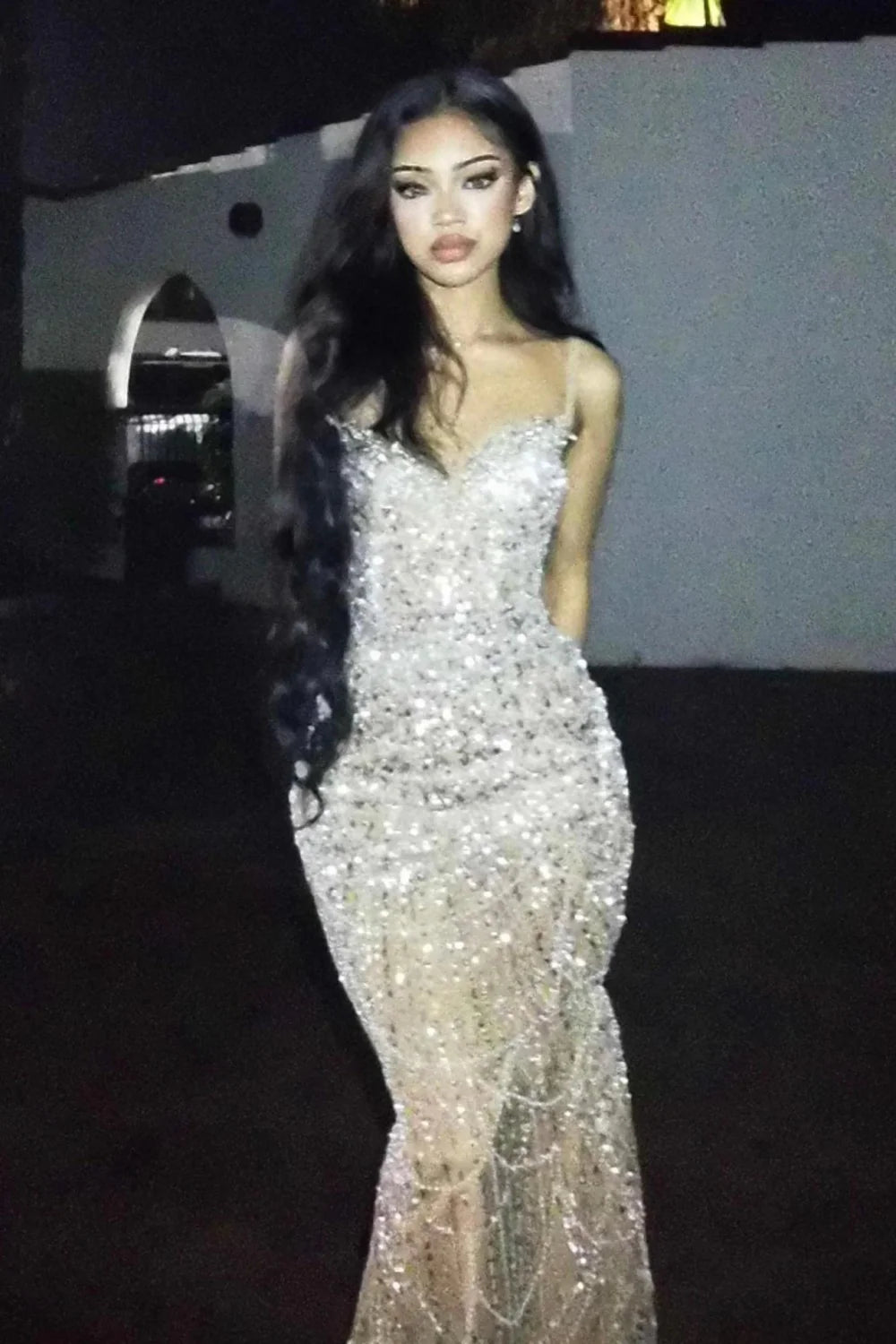 Luxury Champagne Crystal Beaded Mermaid Prom Dress With Spaghetti Straps AD357